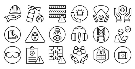 A professional set of safety and protection icons illustrating workplace security, hazard prevention, equipment symbols, emergency care, and industrial safety compliance.