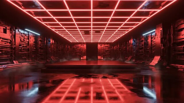 Abstract red interior futuristic environment with glowing lines and reflections