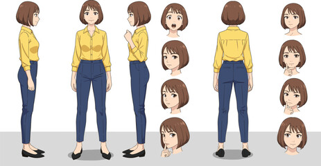 Professional Business Woman Character Set in Yellow Shirt and Blue Pants with Different Poses and Facial Expressions.