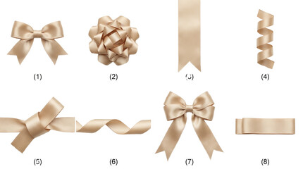 Champagne satin ribbon set including bows, curls, knots, and straight strips isolated. Decorative gift wrapping and festive celebration collection.