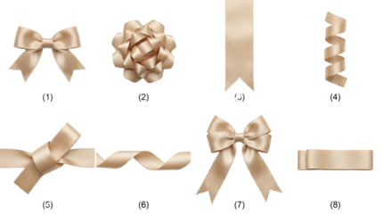 Champagne satin ribbon set including bows, curls, knots, and straight strips isolated. Decorative gift wrapping and festive celebration collection.