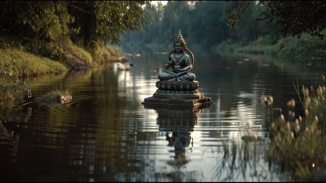 Serene Buddha Statue Reflecting on Quiet River in Lush Forest Setting