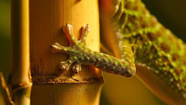 Close-up of gecko climbing bamboo stalk, showing gecko foot, scales, and nature.