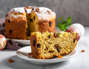 Delicious Easter Panettone Cake with Raisins and Powdered Sugar, Festive Holiday Dessert.