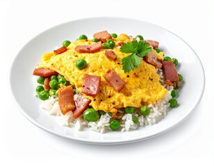 Delicious Egg Omelette with Ham, Peas, and Rice on a White Plate, Culinary Delight.