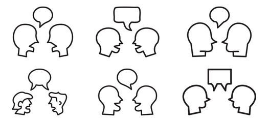 Set of talking head communication icons showing conversation, dialogue, messaging, and discussion concepts in clean hand-drawn outline style.