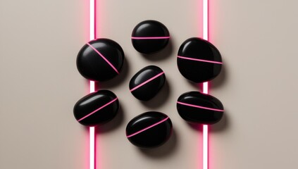 A collection of black pills with pink lines on a gray background with neon lights