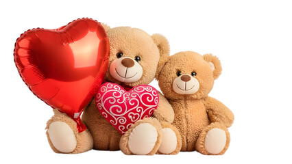 Two teddy bears with heart shaped balloons