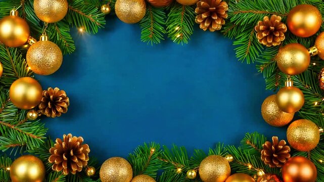 Festive golden Christmas ornaments and pine cones create a beautiful, vibrant border around a deep blue background, perfect for holiday announcements and greetings.