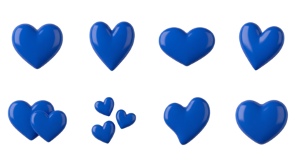Blue heart set including glossy, 3d, multiple, and various angled shapes isolated. Romantic symbols for social media and graphic design.