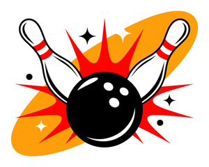 Bowling ball striking pins in vivid vector illustration of retro sport activity for entertainment leisure recreation and competitive games promotion graphic design element for posters and advertising