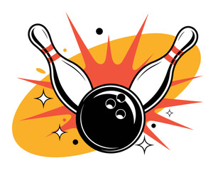 Bowling Ball Crashing into Pins Striking with Force and Energy Sport Recreation Icon Graphic Illustration for Bowling Alley Promotions Tournament Advertising and Competitive Sports Themed Design Team