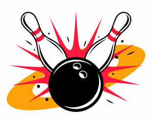 Striking bowling ball hitting pins vector illustration graphic design for sports and recreation leisure activity competition in modern minimalist style energetic motion dynamic movement for advertisin
