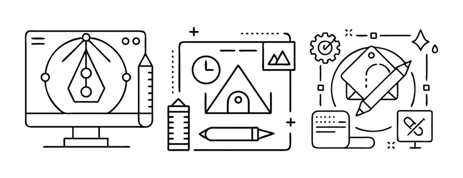 Digital creative design tools and workflow line art icons set