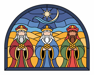 Three Kings Stained Glass Nativity Scene Illustration of Wise Men Caspar Melchior Balthazar Holding Gifts in Colorful Window Panel for Christmas Holiday Celebration Religious Education and Traditional