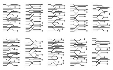 Set of circuit panel line designs representing digital connections, electronic technology layouts, and futuristic tech patterns.