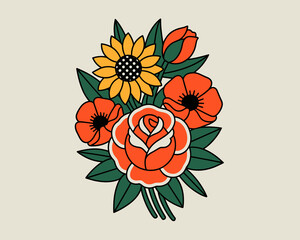 Vibrant retro floral bouquet illustration featuring roses poppies and sunflowers in a bold vintage tattoo style graphic design for greeting cards invitations wedding decor and nostalgic themed posters