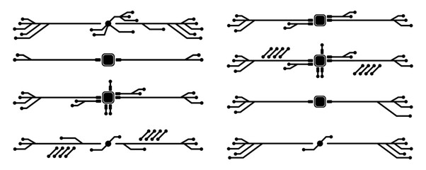 A futuristic collection of horizontal circuit board dividers and digital connection lines designed for technology themes, innovation graphics, and electronics illustration projects.