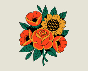 Elegant floral bouquet arrangement featuring vibrant orange roses poppies and a sunflower with lush green leaves artistic botanical illustration for romantic concepts wedding invitations and nature th