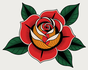 Detailed red rose blossom illustration with green leaves classic vintage tattoo style design for floral posters botanical prints fashion and beauty projects romantic gift cards anniversary celebration