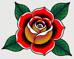 Vibrant red rose blossom in classic tattoo style illustration with green leaves traditional design drawing romantic love symbol for floral designs tattoo parlors stationery graphic arts beauty elegant