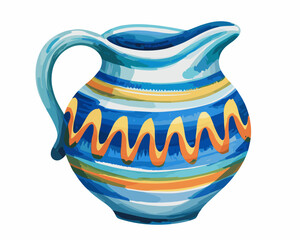 Vibrant watercolor pitcher illustration with colorful stripes artistic kitchenware for drinks serving rustic home decor element on white background hand painted ceramic jug graphic resource for design