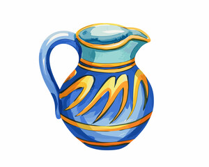 Elegant blue ceramic jug watercolor illustration with decorative golden accents artistic design kitchenware for serving drinks water juice in home decor and culinary art projects vibrant handmade pain