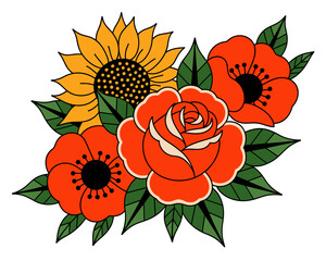 Vibrant floral bouquet illustration featuring a blooming sunflower poppy and rose in vintage tattoo style with bold outlines and rich colors classic botanical design element for wedding invitations an