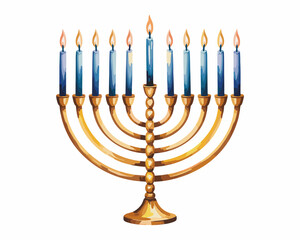 Watercolor Hanukkah Menorah with Lit Candles Illustration for Jewish Holiday Celebrations Traditional Symbol of Judaism Festival of Lights Religious Observance Festive Decoration for Greeting Cards In