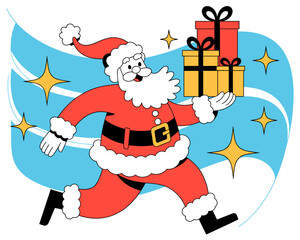 Cartoon Santa Claus running with Christmas gifts character illustration for holiday season celebration happy xmas festive mood modern graphic design for greeting cards invitations website banners and