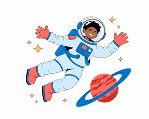 Joyful cartoon astronaut floating in outer space exploration with planet and stars happy space traveler character illustration for kids education science projects and creative designs cosmic adventure