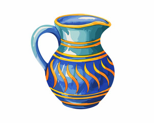 Elegant blue and turquoise ceramic pitcher with decorative orange accents watercolor painting illustration vintage style pottery jug for serving water juice or beverages in kitchenware themed art proj