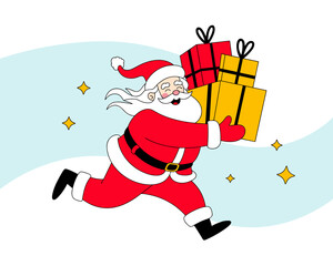 Cartoon Santa Claus running with Christmas gifts presents illustration for holiday season celebration festive cheer happy xmas new year seasonal greetings for marketing advertising social media promot