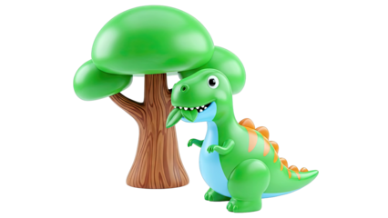 Cartoon Dinosaur Eating Leaf Next to a Tree