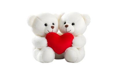Two white teddy bears holding a red heart