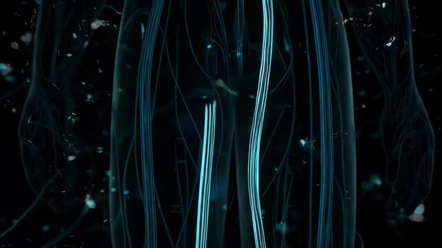 Glowing network of lines, spheres, and a body, all within a dark expanse