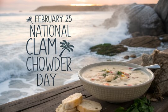 Celebrate february twenty fifth national clam chowder day with a creamy bowl of delicious seafood soup served seaside against crashing ocean waves at sunset creating a perfect coastal dining moment