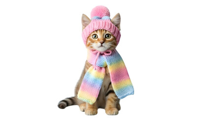 Adorable kitten in colorful winter gear