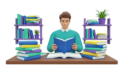 Cartoon person reading a book surrounded by bookshelves and stacks of books