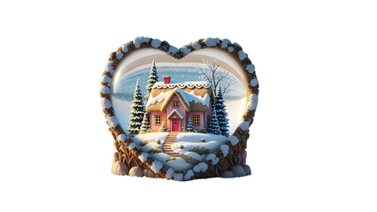 Cozy winter cottage in heart-shaped frame