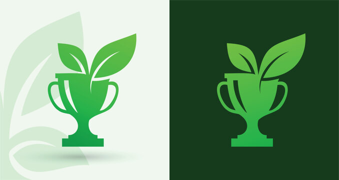 Trophy leaf eco logo award winner achievement sustainable excellence premium green success icon


