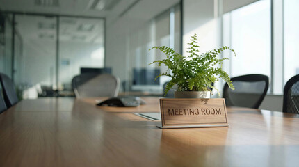Empty modern conference room with a meeting room sign on the table, ready for a corporate business discussion or presentation