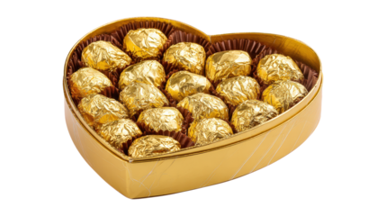 Heart shaped box of golden foil wrapped chocolate candy box gift present love