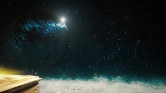 A celestial scene ornate book floats amidst swirling clouds and stars