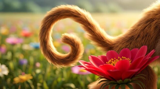 Cute monkey touching a vibrant red flower in a sunny field of flowers.