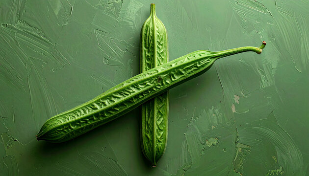 Ridge Gourd (Luffa) Top View &mdash; Crossed Angled Luffa on Green Textured Background - Fresh Vegetable, Asian Produce, Food Photography, Still Life, Culinary Ingredient