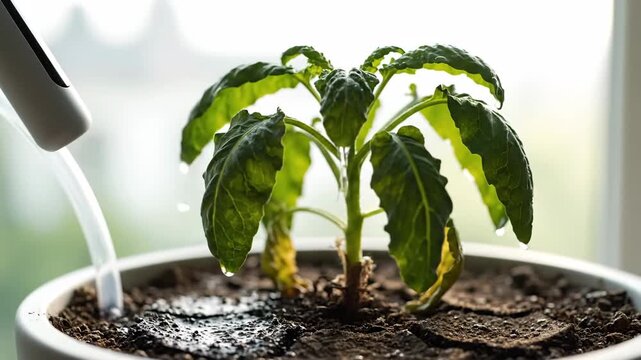 Watering potted plant with dry leaves, plant care concept, houseplant, home gardening.