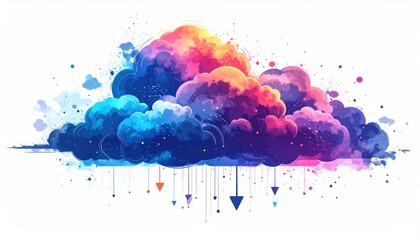 Vibrant Abstract Cloud Formation with Colorful Splashes and Downward Arrows.