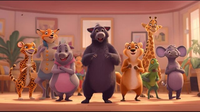 Cartoon animal characters group posing indoors