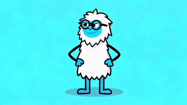Animated, fluffy white yeti character with blue skin and glasses stands confidently with hands on hips in a minimalist cartoon style
